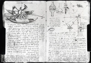 Ontwerp voor een baggermachine en diverse hydraulische machines, fol. 75v en 76r uit Parijs Manuscript E, 1513-14
